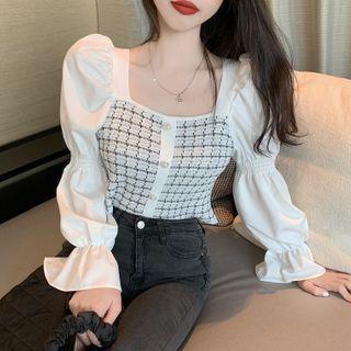 Long-sleeve Paneled Plaid Knit Top