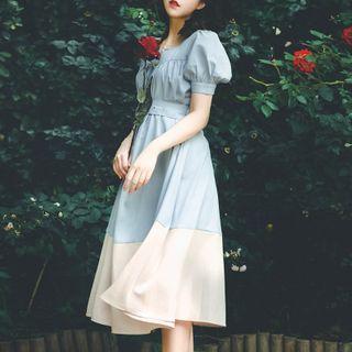 Puff-sleeve Color Block Square-neck A-line Midi Dress