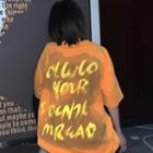 Elbow-sleeve Letter Print T-shirt Orange - One Size