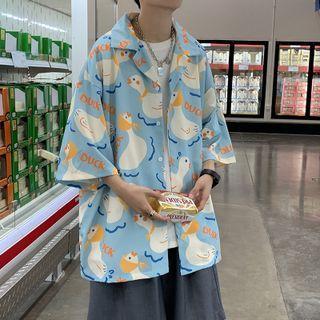 Elbow-sleeve Open-collar Duck Print Shirt