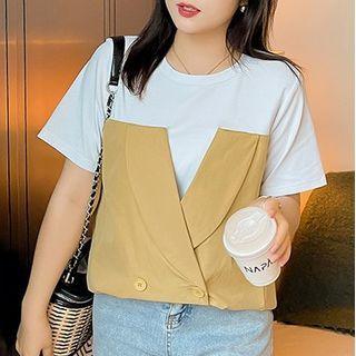 Mock Two-piece Short-sleeve Double-breasted Dress