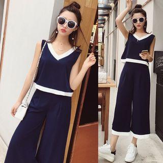 Set: Piped V-neck Vest + Wide-leg Pants
