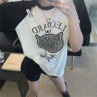 Short-sleeve Two-tone Cat Print T-shirt Black & White - One Size
