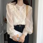 Long-sleeve Lace Panel Blouse Beige - One Size