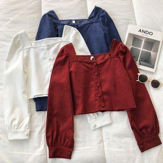 Long-sleeve Square-neck Plain Blouse