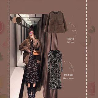 Set Of 2: Round-collar Jacket + Floral Dress
