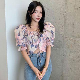 Elbow-sleeve Floral Print Blouse / Wide-leg Pants