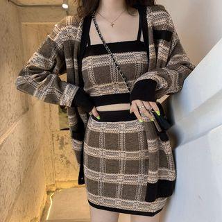 Plaid Cardigan / Cropped Knit Camisole Top / Mini Pencil Skirt / Set