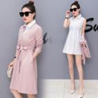 Set: Plain Sleeveless Shirtdress + V-neck Long Coat