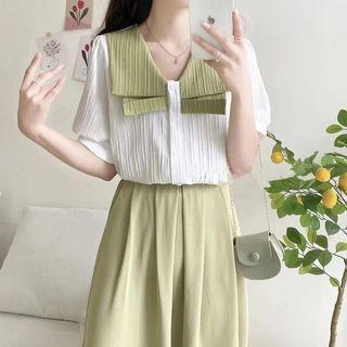 Sailor Collar Color Panel Short-sleeve Shirt