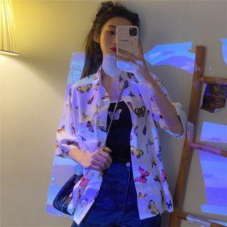 Butterfly Print Elbow-sleeve Shirt White - One Size