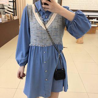 Mock Two Piece Tweed Panel Shirt Dress