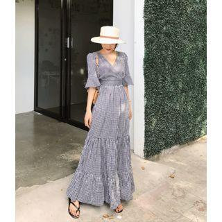 Bell-sleeve Checked Wrap-front Long Dress Black - One Size
