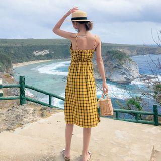 Spaghetti Strap Plaid Slit Midi A-line Dress