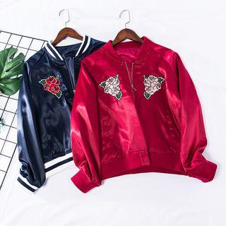 Floral Embroidery Zip Bomber Jacket