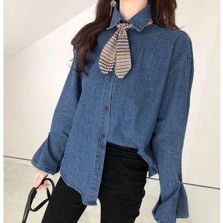 Tie-neck Denim Shirt As Shown In Figure - One Size