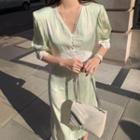Puff-sleeve Lace Detail Midi Dress