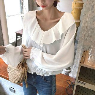 Plain Loose-fit Ruffle Puff-sleeve V-neck Long-sleeve Blouse