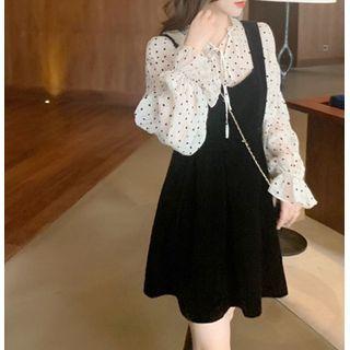 Dotted Blouse / Velvet Mini A-line Overall Dress / Set