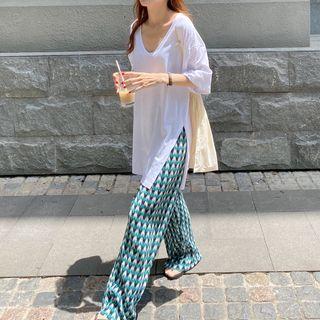 Elbow-sleeve Slit-hem T-shirt / Print Wide Leg Pants