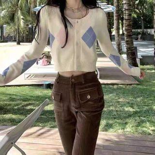 Long Sleeve Argyle Print Crop Cardigan Off White - One Size