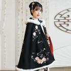 Flower Embroidered Hooded Cape / Fleece-lined Hooded Cape