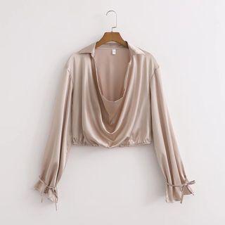 Long-sleeve Collared Satin Crop Top