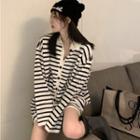 Long-sleeve Striped Knit Mini Collared Dress Stripes - Black & White - One Size