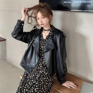 Faux-leather Jacket / Floral Print Long-sleeve Dress