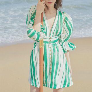Long-sleeve Striped V-neck A-line Dress