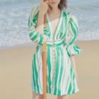 Long-sleeve Striped V-neck A-line Dress