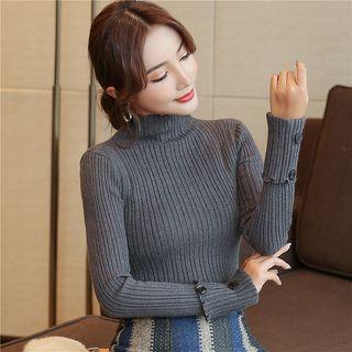 Mock Neck Rib Knit Top Gray - One Size