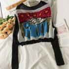 Round-neck Printed Oversize Knit Top Black - One Size
