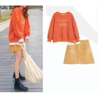 Lettering Layered Sweatshirt / Faux Leather Mini Skirt / Set