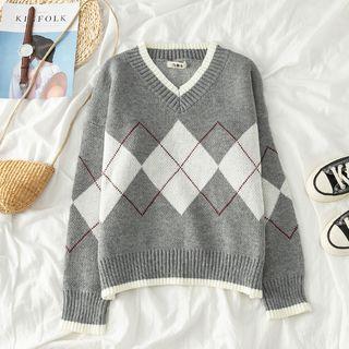 Long-sleeve Color-block Knit Top Gray - One Size