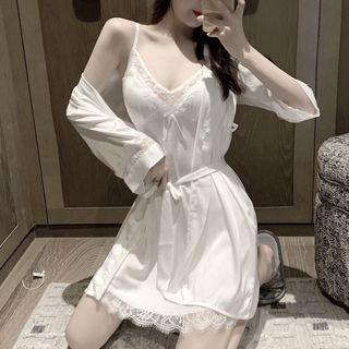 Set: Satin Night Dress + Robe Set Of 2 - Dress & Robe - White - One Size