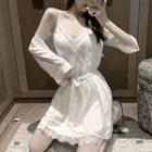 Set: Satin Night Dress + Robe Set Of 2 - Dress & Robe - White - One Size