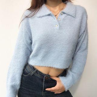 Furry Cropped Long-sleeve Polo Shirt