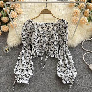 Square-neck Floral Puff-sleeve Lace-up Cropped Top