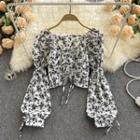 Square-neck Floral Puff-sleeve Lace-up Cropped Top
