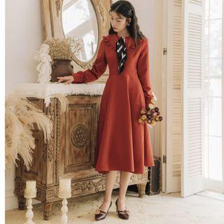 Set: Long-sleeve Wide-collar Frill Trim Midi A-line Dress + Handkerchief