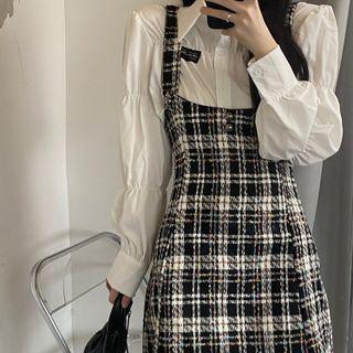 Puff-sleeve Shirt / Plaid Mini A-line Overall Dress