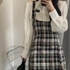 Puff-sleeve Shirt / Plaid Mini A-line Overall Dress