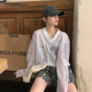 Long-sleeve Numbering Mesh T-shirt White - One Size