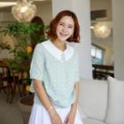 Contrast-collar Eyelet Lace Blouse Mint Green - One Size