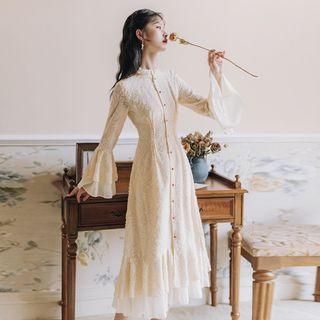 Flared-cuff Midi A-line Layered Lace Dress