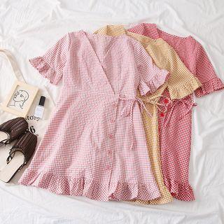 Ruffled-trim Checked Wrapped Mini Dress