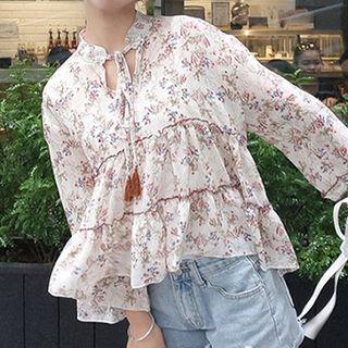 Set: Floral Print 3/4-sleeve Chiffon Blouse + Camisole Top