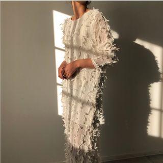 Fringed Trim Long-sleeve Midi Dress
