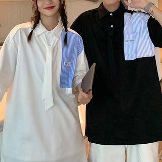 Mock Two-piece Elbow-sleeve Striped Panel Polo Shirt